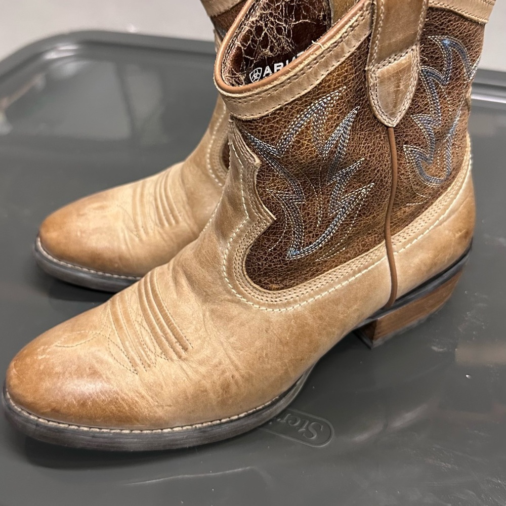 Ariat Tan Ankle Booties with Pointed Toe and Stacked Heel